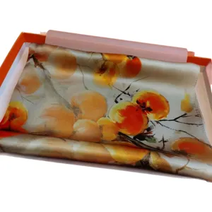 Women's silk scarf long crepe de chine shawl with elegant watercolor fruit print in gift box