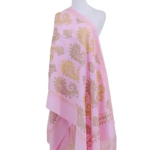 Pink embroidered cashmere-feel shawl ethnic style travel cape warm winter scarf for women.