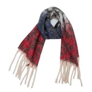 Detailed view of winter retro leopard print tassel scarf, soft cozy loop yarn material.
