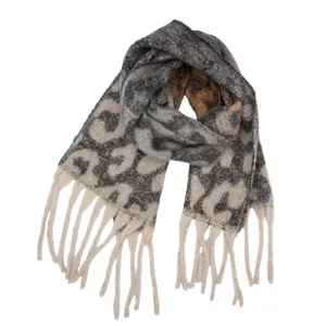 Autumn winter retro leopard print scarf with tassel edge, soft cozy winter neck warmer accessory.