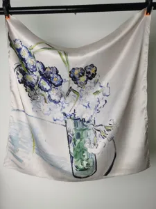Detail view of a 53cm square oil painting silk scarf featuring a classic floral art print for women.