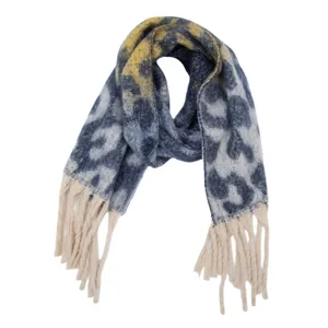 Close-up detail of stylish blue yellow leopard print boucle yarn scarf with chic cream fringes.