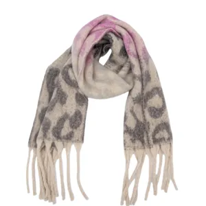 Stylish winter leopard print scarf with trendy fringe design, cozy retro neck warmer accessory.