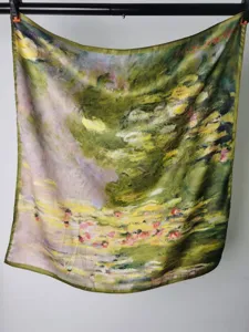 Detailed view of the 53cm square oil painting silk scarf featuring artistic floral print.