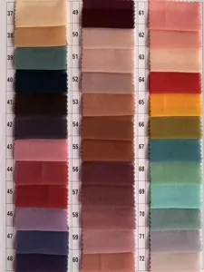 Chiffon fabric color swatch card showing numbers 37 to 72 with various vibrant colors for selection.