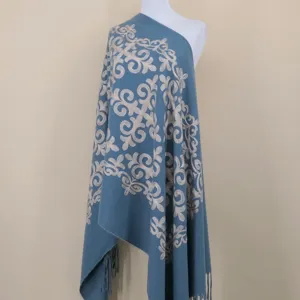 Exquisite cashmere imitation scarf with silver embroidery, traditional autumn winter warm shawl.