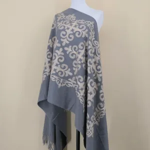 Grey cashmere-feel embroidered scarf with traditional totem and tassels, autumn winter wrap.
