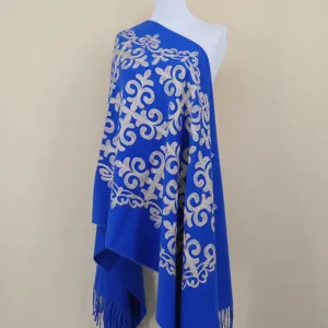 Blue cashmere feel shawl scarf with silver ethnic embroidery winter warm fashion accessory