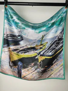 Detailed close-up view of a square silk scarf featuring a vibrant oil painting boat design.