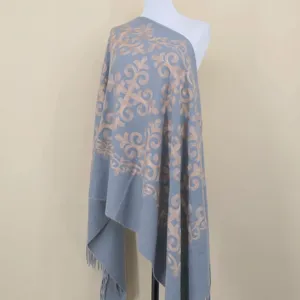 Silver grey cashmere feel shawl detail, elegant embroidered totem design, cozy winter accessory.