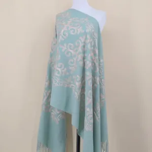 Mint green cashmere feel scarf with silver scrolling pattern elegant winter warm shawl