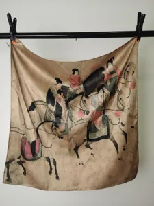 Vintage classical Chinese painting style silk square scarf, 53cm lightweight neckerchief for women.