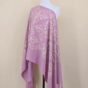 Purple cashmere feel shawl detail, elegant gold traditional totem embroidery, tassel hem accent.