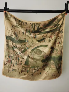 Traditional Chinese style painting print square silk scarf vintage art neckerchief