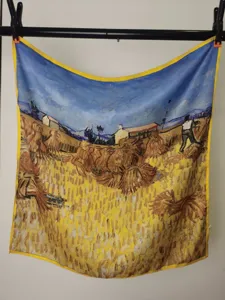 Vintage oil painting style square silk scarf, classic art print lightweight neckerchief.