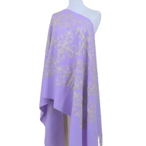 Purple cashmere feel scarf with silver totem embroidery, elegant winter warm accessory.
