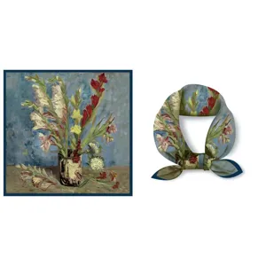 Artistic oil painting print square silk scarf 53cm, elegant vintage neckerchief for women.