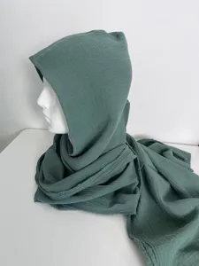 Dark green crinkled cotton linen hooded scarf multifunctional shawl winter warm wrap