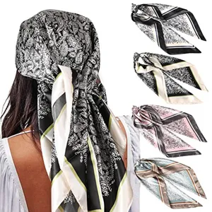 Seidentuch Detailansicht mit Paisleymuster, verschiedenen Farbvarianten und Tragebeispiel Kopf.
