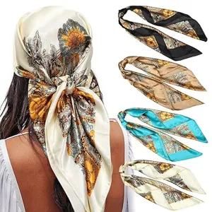 Damen Mode Kunstseide Quadratischer Schal Vintage Paisley Blumen Satin Schhal Vielseitiges Halstuch Haarband Kopfbedeckung