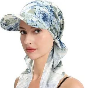 Floral print sun protection hat with neck flap, lightweight visor cap for women outdoor travel.