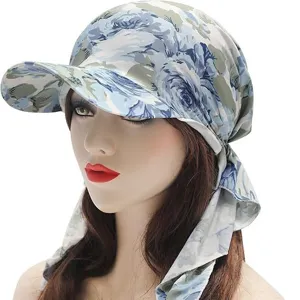 Women floral print sun hat visor pre-tied headscarf lightweight beach cap main view