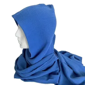 Unisex blue hooded scarf winter warm cotton linen multifunctional shawl and neck warmer.