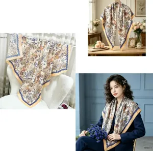 Foulard carré en coton et soie motif cachemire floral élégant châle femme détail