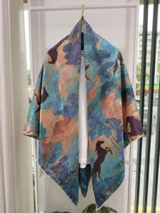 New Chinese style landscape horse print silk shawl, elegant vintage art large square scarf.