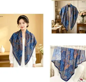 Foulard Carré en Soie et Coton à Fleurs Bleu Femme Printemps Été Châle de Protection