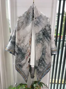 Elegant Chinese style winter landscape and horse printed silk shawl cape for women daily wear.