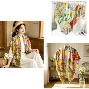 Femme foulard carré en soie et coton à fleurs, écharpe légère de printemps et châle d'été anti-UV.
