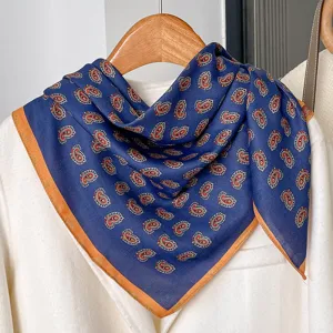 Blue paisley square scarf detail, vintage cotton blend scarf for women, elegant neckerchief.