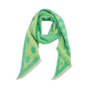 Green yellow dotted knit triangular scarf stylish cozy winter shawl warm fringe neck wrap