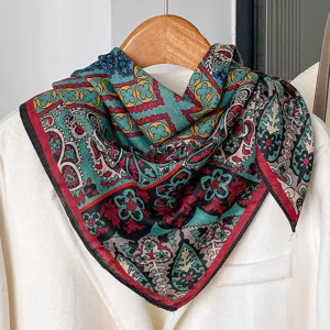 Retro paisley print cotton linen square scarf, vintage neckerchief for women daily.