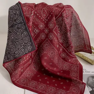 Vintage red paisley cotton linen square scarf retro chic women neckerchief head wrap