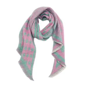 Pink and green color-block polka dot jacquard scarf detail showing texture and fringe.