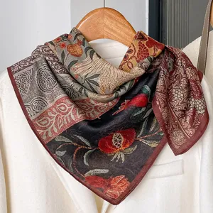 Detailed close-up view of vintage botanical print square scarf, elegant floral patterns.
