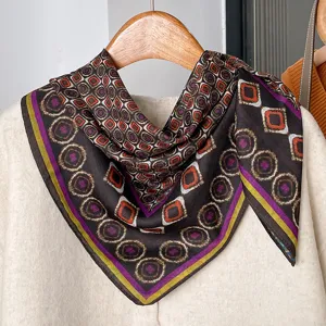 Detailed view of retro geometric print square scarf, elegant retro pattern design.