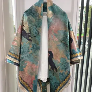 New Chinese style landscape printed silk scarf luxury shawl large square 140cm size