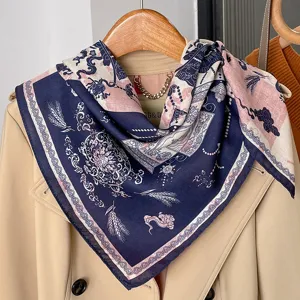 Vintage cotton linen square scarf for women, elegant retro floral shawl and neckerchief daily.