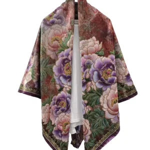 Chinese style peony print silk shawl cape vintage floral wrap for women elegant cheongsam accessory