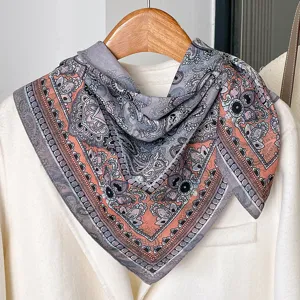 Vintage paisley cotton linen square scarf detail view, ideal for spring autumn travel shawls.