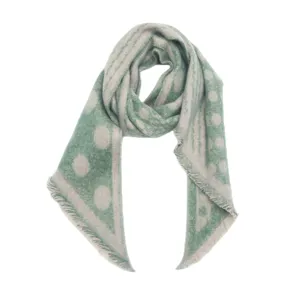 Close-up detail of the cozy loop yarn jacquard polka dot triangular scarf fringe edge.