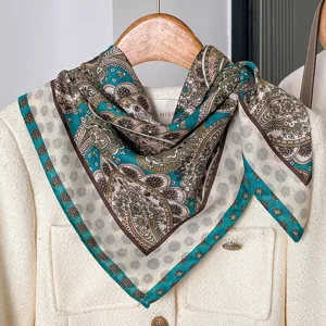 Vintage paisley print square scarf, teal and brown cotton linen neckerchief for women spring.