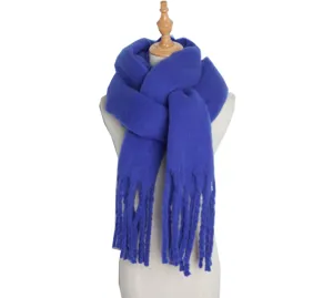 Close-up detail of soft blue knitted loop yarn winter scarf texture, cozy warm neck warmer fabric.