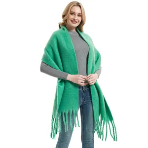 Green winter loop yarn fringed shawl scarf for women, elegant casual solid color neck wrap.