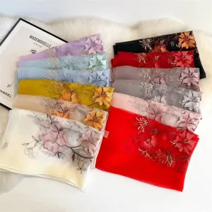 Elegant silk wool embroidered shawl scarf with floral design, soft warm winter wrap for women.