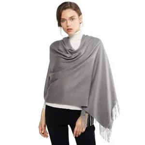 Solid color winter cashmere feel shawl with tassel design for women elegant warm wrap