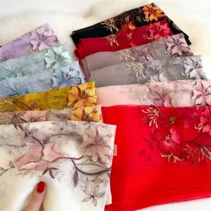 Luxury silk wool embroidered floral shawl versatile winter scarf elegant neck wrap women